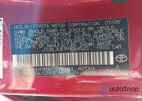 2009 Toyota Corolla из США, поврежденный, VIN JTDBL40E999064520